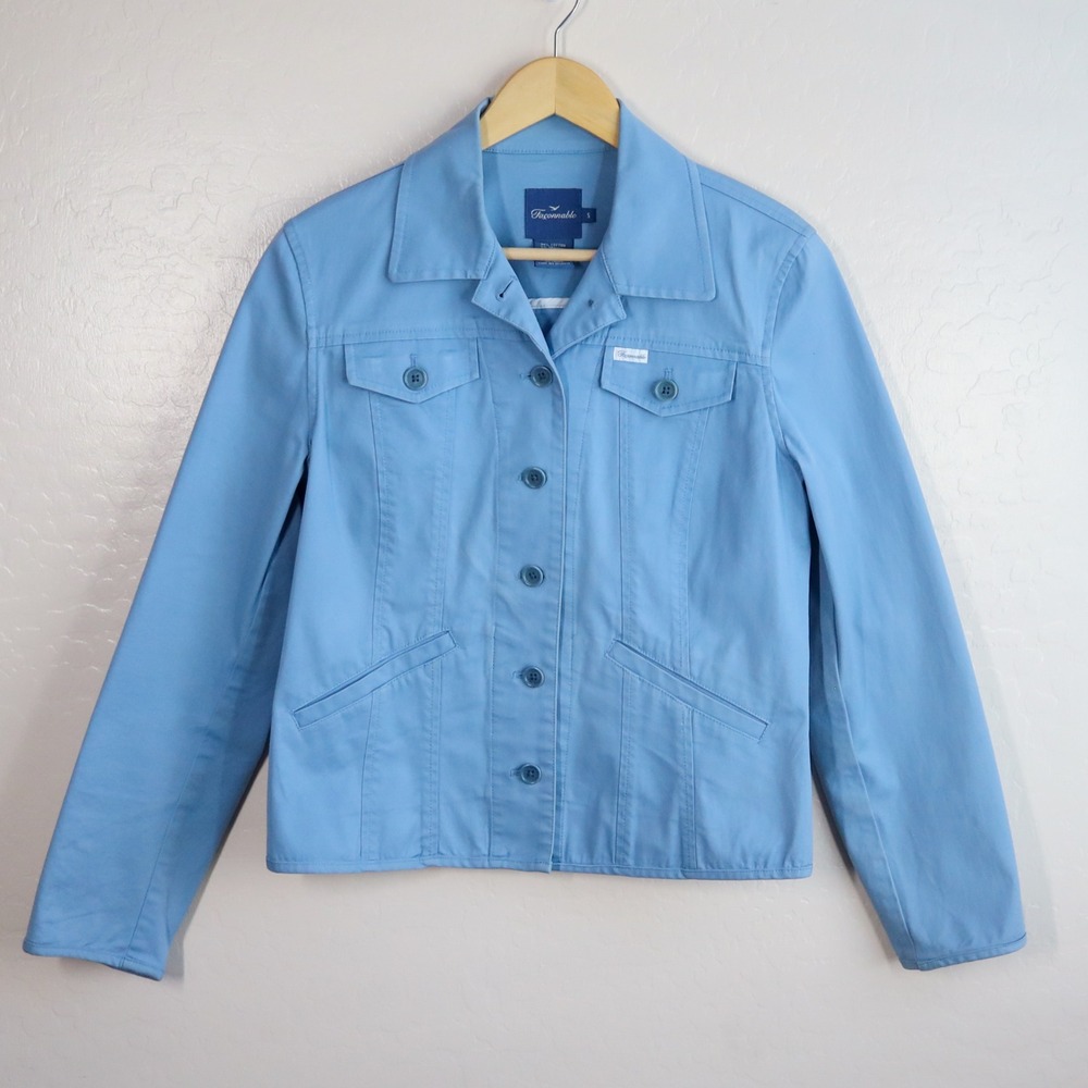 Vintage 90s Façonnable Jacket Women's S Blue Cotton Stretch French Minimalist‎